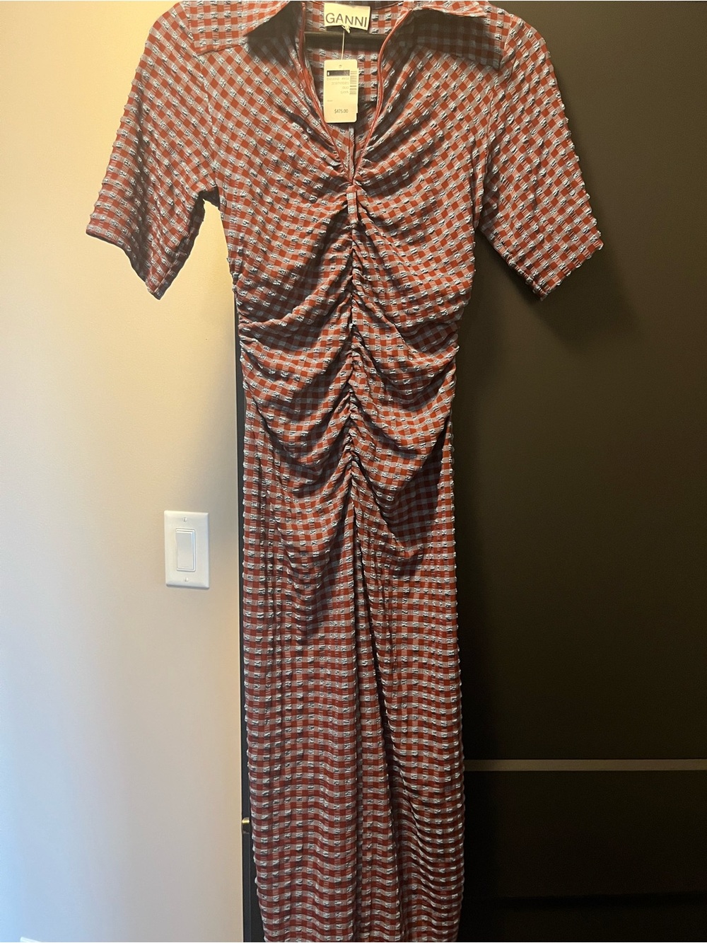 Ganni Red and Blue Checked Ruched Maxi Dress